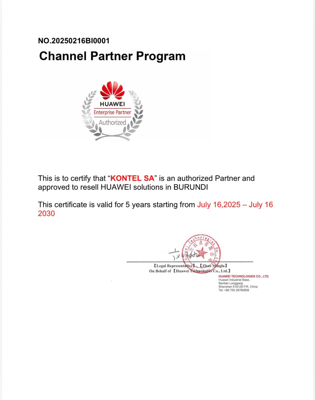 Certificat de partenariat entre HUAWEI & KONTEL